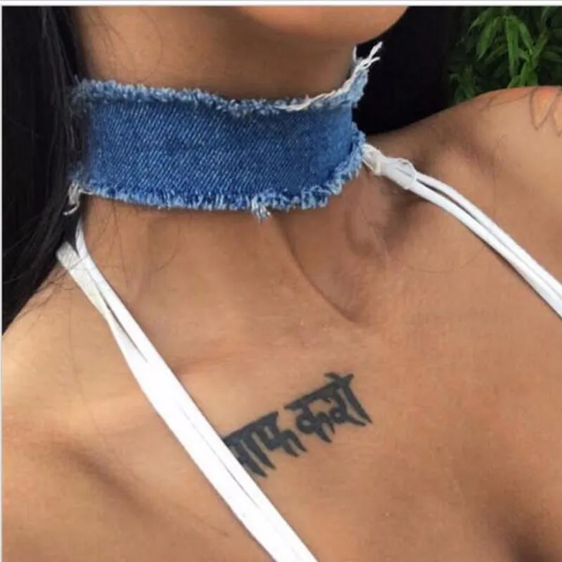

Wide Handmade Denim Choker Necklace Gothic Vintage Jewelry Women Bow Tie Up Splice Jean Necklaces X196