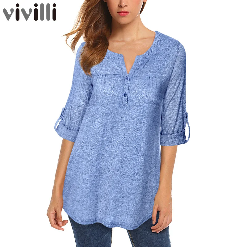 Vivilli Roll up Long Sleeve Blouse Shirt Women 2018 Autumn Winter Knitted Buttons Chemise Casual Loose Female Tunic Blusas Tops