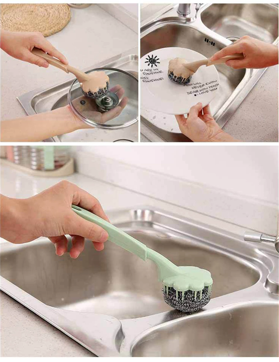 BAISPO проволочная шариковая щетка из нержавеющей стали для мытья посуды щетка для очистки мяча с длинной ручкой кухонные подвесные прочные чистящие инструменты