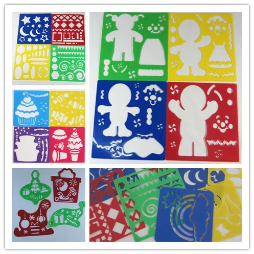 5 sets\/lot Kids Plastic Stencils for drawing Washable Picture Painting Templates 4 Designs Set 