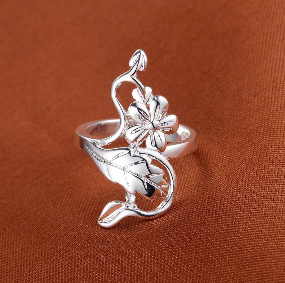 Женское кольцо из серебра 925 пробы с цветком и листьями|silver plated rings|fashion jewelry ringjewelry