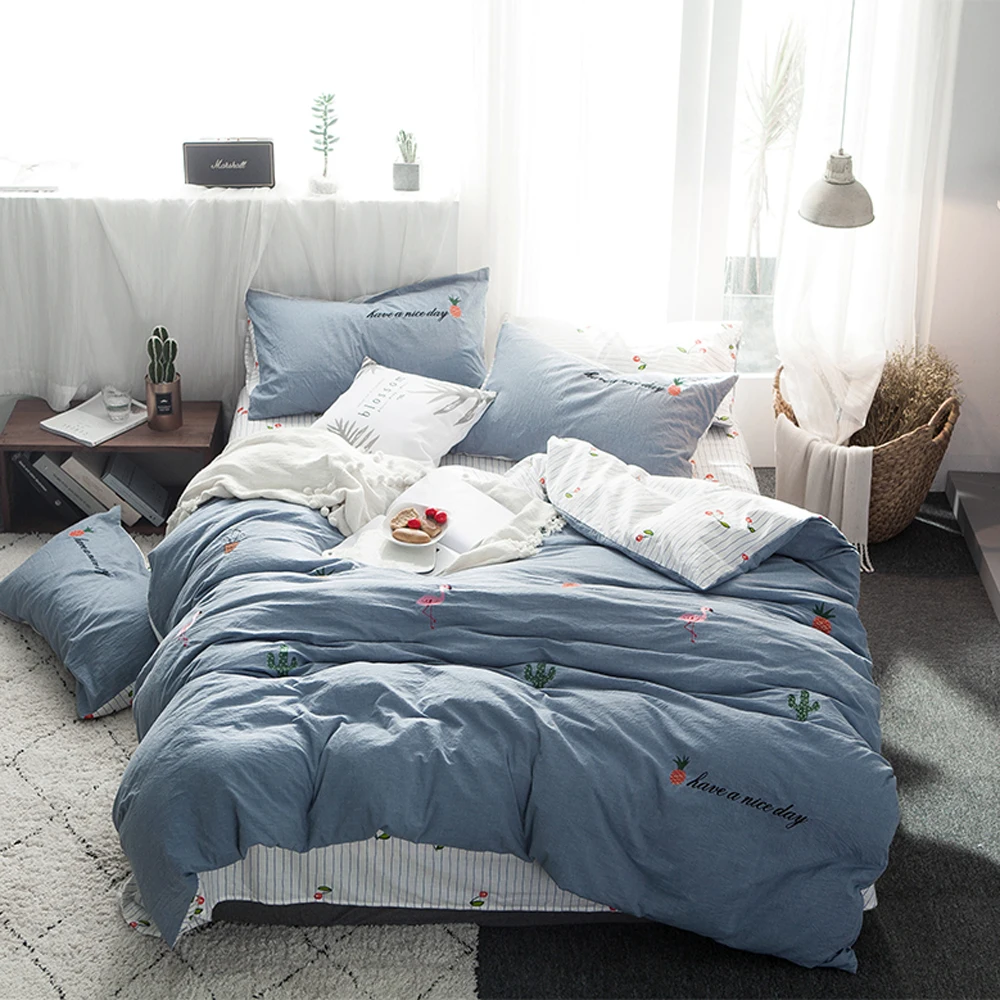 

2018 Blue Grey Flamingo Cactus Bedlinens Washed Cotton Bed Covers Twin Queen King Duvet Cover Set Flat Fitted Sheet Pillowcases