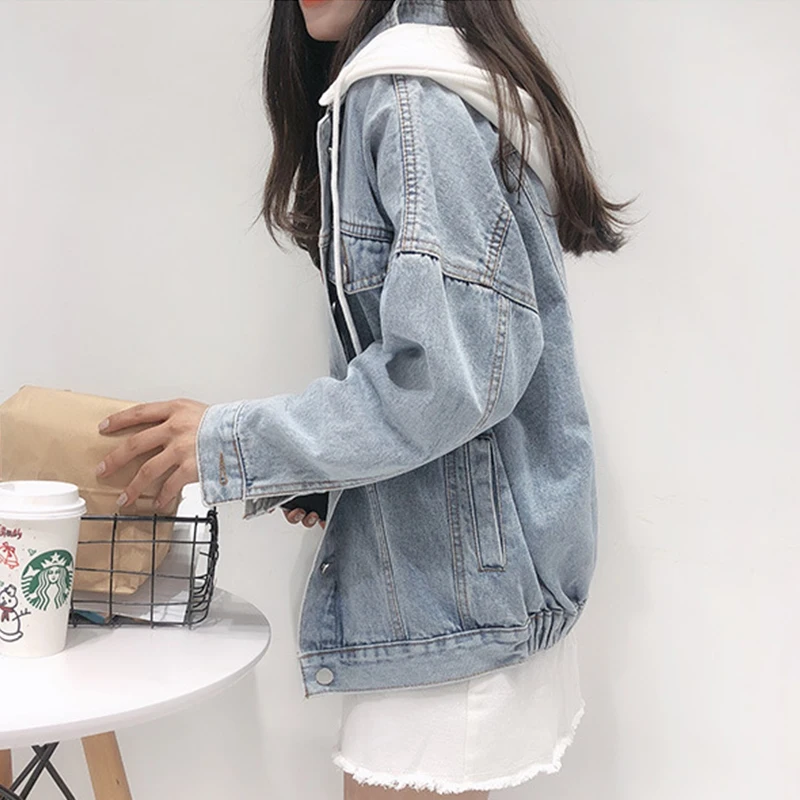 

Button Up Denim Jacket With Detachable Hooded Jean Plus Size Autumn Women Coat 2019 Fashion Streetwear Veste Femme