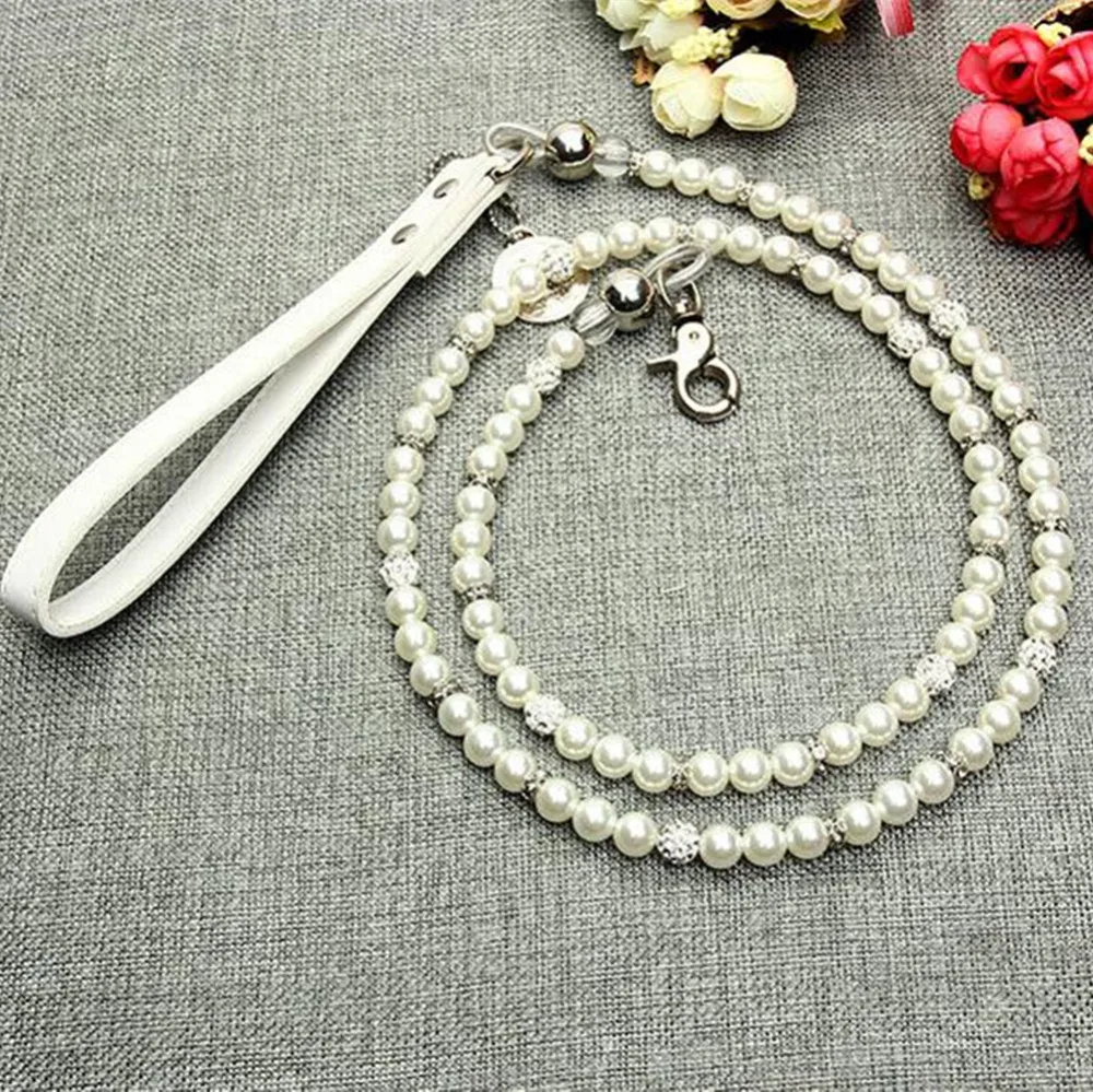 ETHIN White Imitation Pearls diamond Pet Dog Chain Leash Walking ...