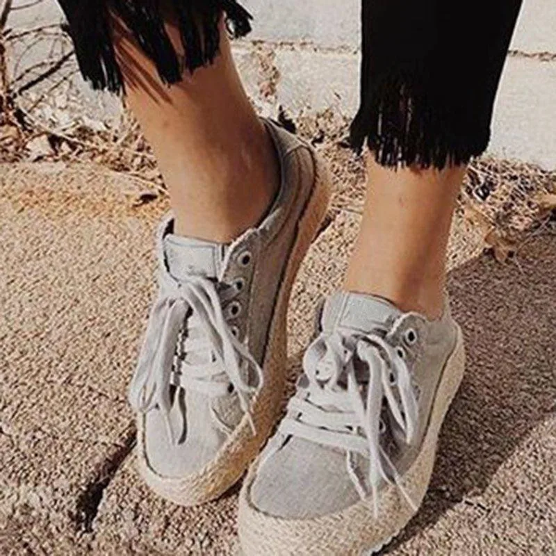 

MoneRffi Fashion Women Ladies Espadrille Shoes Canvas Thick Bottom Flats Shoes Girls Lace Up Round Toe Casual Flats 2019 New