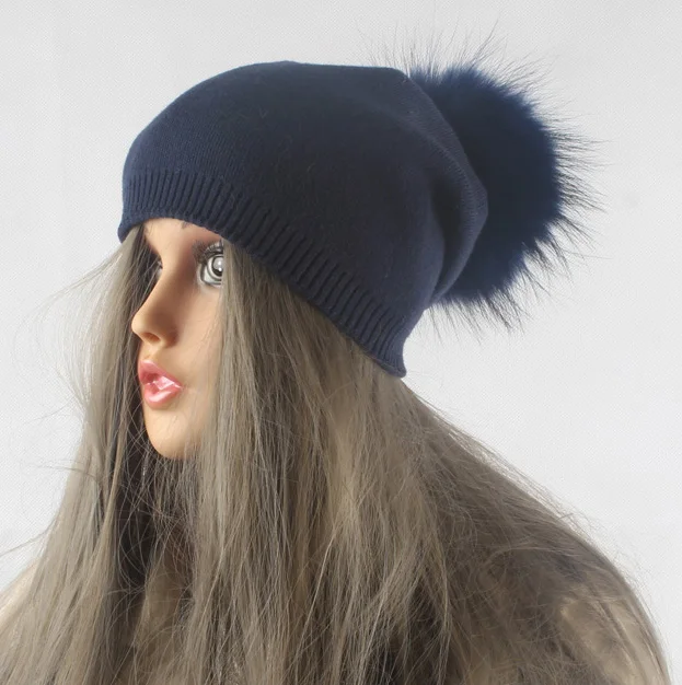 dark blue fur pom Осенне-зимняя Шапка-бини с помпоном, женская вязаная шерстяная шапка Skullies, повседневная женская шапка с помпоном из натурального меха енота - Цвет: dark blue fur pom
