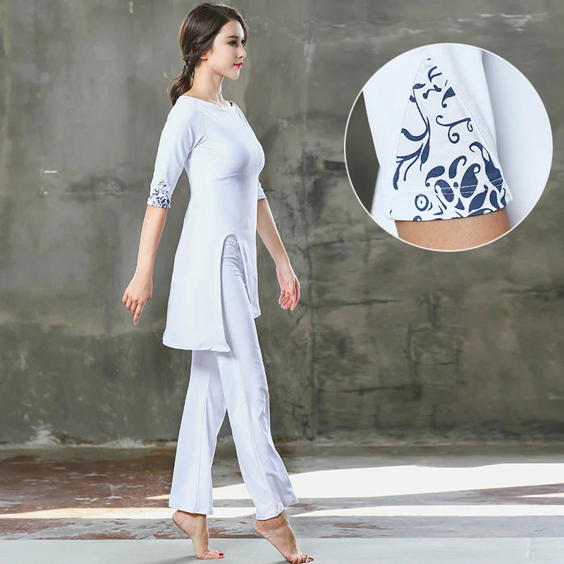 

Yoga Sets Women Meditation Clothing 2 Piece Irregular Hem T-shirt Slim Pants Tracksuit Yoga Exercise Active Wear Fitness Clothes