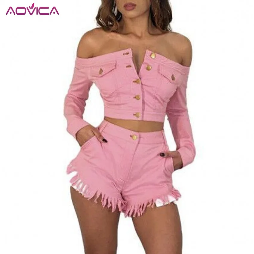 

2019 Spring Autumn Fashion Pink Sexy 2 Piece Sets Outfit Women Slash Neck Denim Crop Top And Button Short Tassel Jeans Pant