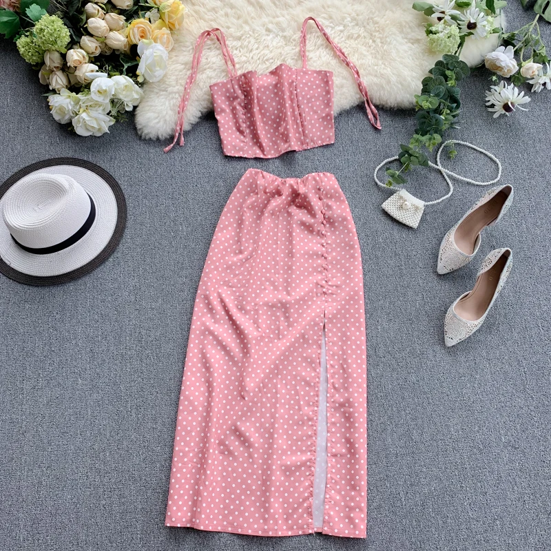 

New Women Beach 2 Piece Sets Summer Spaghetti Strap Ctop Tops + Slim Skirt Dot Printed Suits Woman Sweatsuit Pink Outfit Clothes