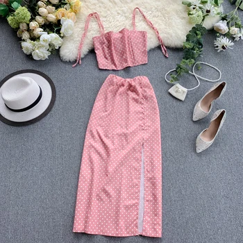 

New Women Beach 2 Piece Sets Summer Spaghetti Strap Ctop Tops + Slim Skirt Dot Printed Suits Woman Sweatsuit Pink Outfit Clothes
