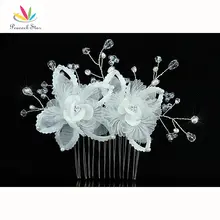Подружки невесты Свадебная вечеринка качество ручной работы белый цветок атласная Кристалл гребень для волос ct1384