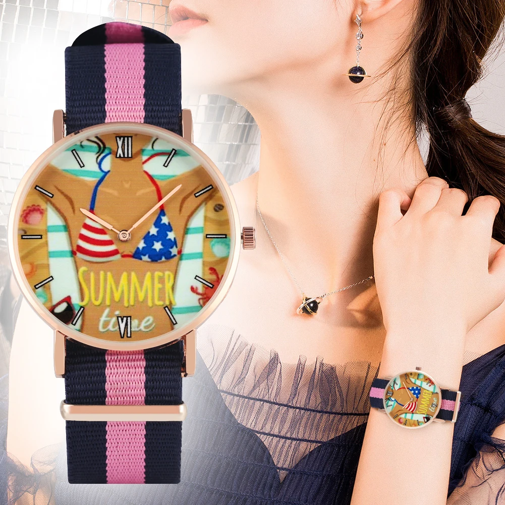 Women's Watch Mixed Color Nylon Strap Watches for Ladies A Woman in Swimsuit Pattern Quartz Wristwatch