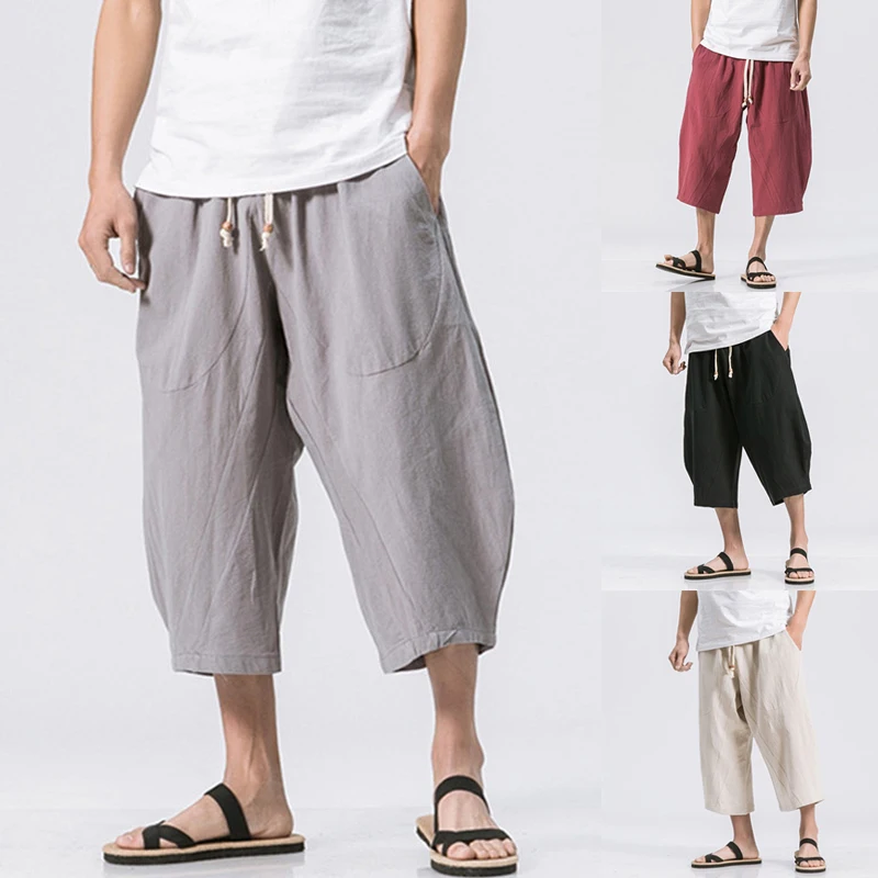 

Casual Mens Pants Cotton Linen Elastic Waist Drawstring Calf Length Loose Baggy Trousers HipHop Harem Pants Pantalon DA067