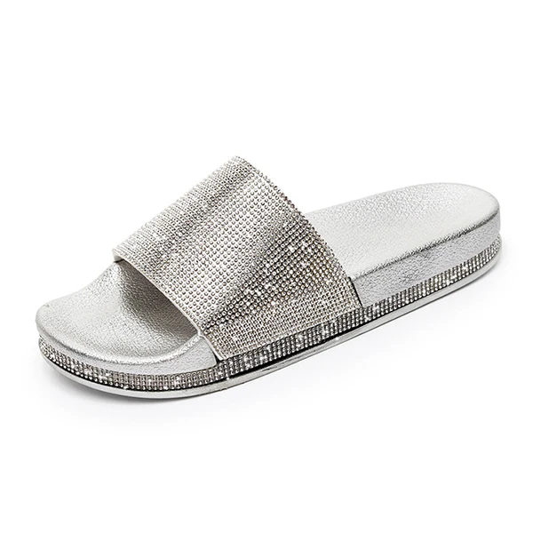 Fashion Women Slippers Crystal Flat Heel Summer Shoes Female Indoor Outside Bling Beach Slides Open Toe Rhinestone Ladies Shoe - Цвет: Silver Shoes