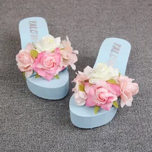 2016 Summer New By Hand Flowers Blue Wedges Shoes Online Cheap Beach Wedge Heel Flip Flops Sandals Women