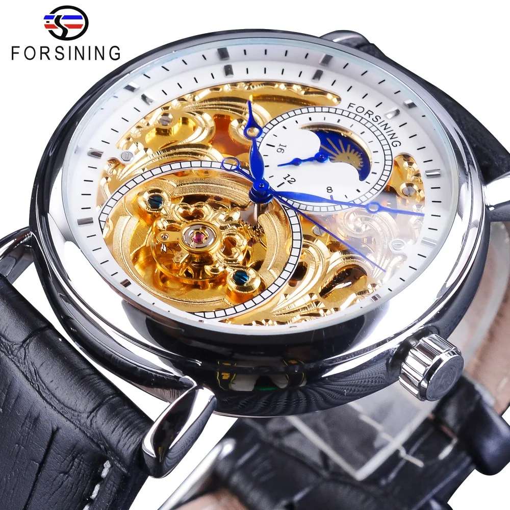 

Forsining 2018 White Golden Open Work Watches Fashion Blue Hands Men's Automatic Watches Top Brand Luxury Black Genuine Leather