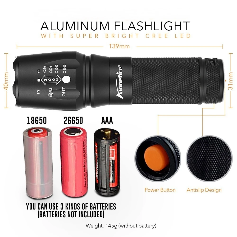 AloneFire X800 Torch Cree XM-L T6 V6 L2 LED Zoom Tactical Flashlight floodlight Outdoor lantern AAA 26650 Rechargeable Battery AloneFire X800 Torch Cree XM-L T6 V6 L2 LED Zoom Tactical Flashlight floodlight Outdoor lantern AAA 26650 Rechargeable Battery