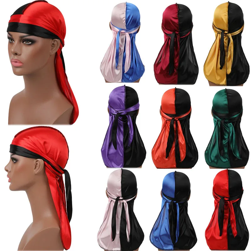 

New Patchwork Men's Durags Hip Hop Bandana Pirate Cap Du Doo Rag Silky Durag Headbands Headwear Long Tail Women Hair Accessories