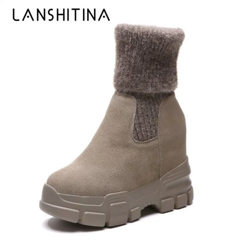 

2018 Winter Warm Shoes Women Boots 11CM Wedge Heels Autumn Sneakers Fashion Plush Inside Sock Boots Suede Platform Shoes Woman