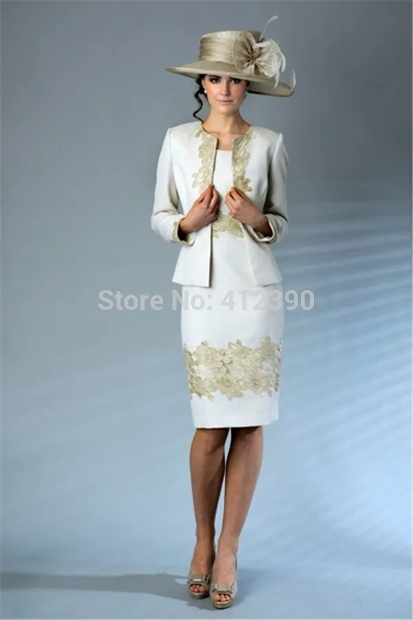Aliexpress White Satin Gold Lace Liques Knee Length Aliexpress White Satin Gold Lace Liques Knee Length Mother Of The Bride Dresses With Long Sleeves Jacket Formal Evening From Reliable
