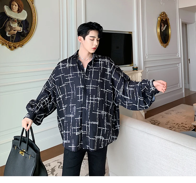 Для мужчин Oversize Винтаж Летучая мышь с длинным рукавом Свободные Повседневное рубашки в клетку мужской женщин уличная хип хоп Готический