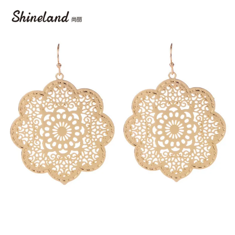 

boucle d'oreille de marque Gold Color Filled Alloy Round Earrings Fashion Jewelry Hollow Out Dangle Flower Bijoux Pendientes