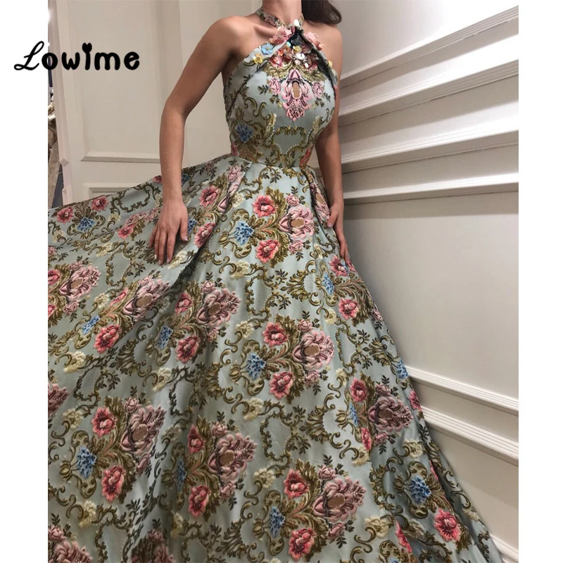 green ball gown Vintage Floral Print Halter Prom Dresses Couture Evening Gown 2018 Vestido De Festa Longo Elegant Women Party Dress Abendkleider dark green prom dress