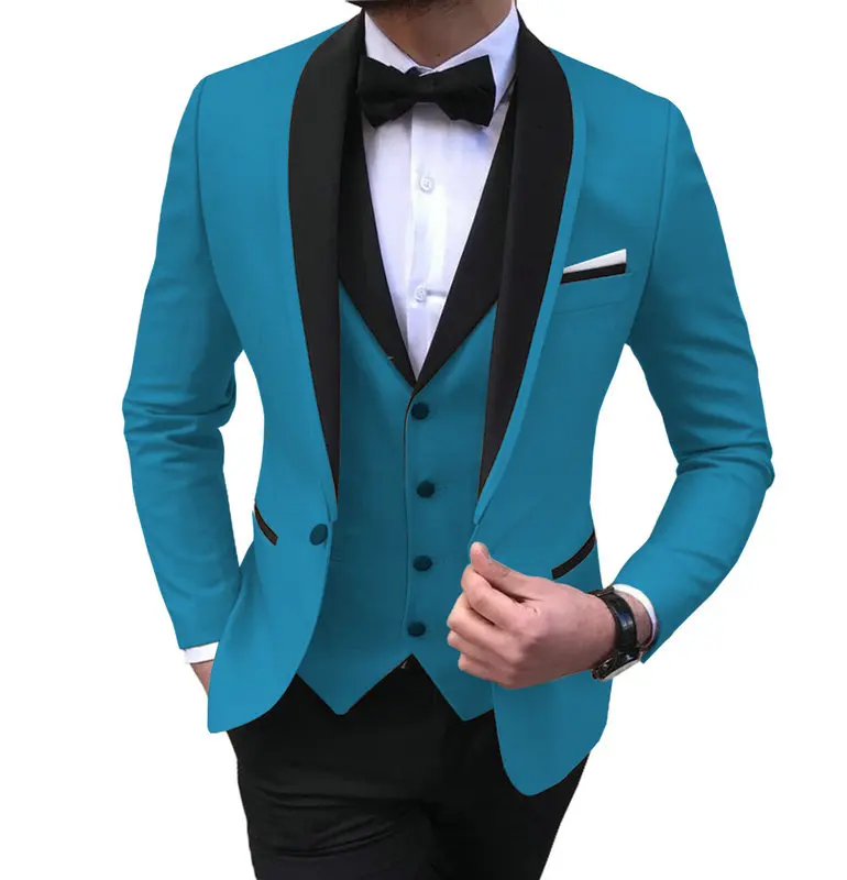 Mens 3 Pieces Party Slim Fit Suits Classic Design Shawl Lapel Tuxedos Prom Suit Blazer& Pants& Vest for Wedding - Цвет: Blue