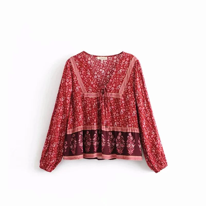 Boho Blouse 2018 Floral Print Blouses Vinatge Sexy V-Neck Long Sleeve Lace Up Bohemia Women Blouses Hippie Top Dropshipping