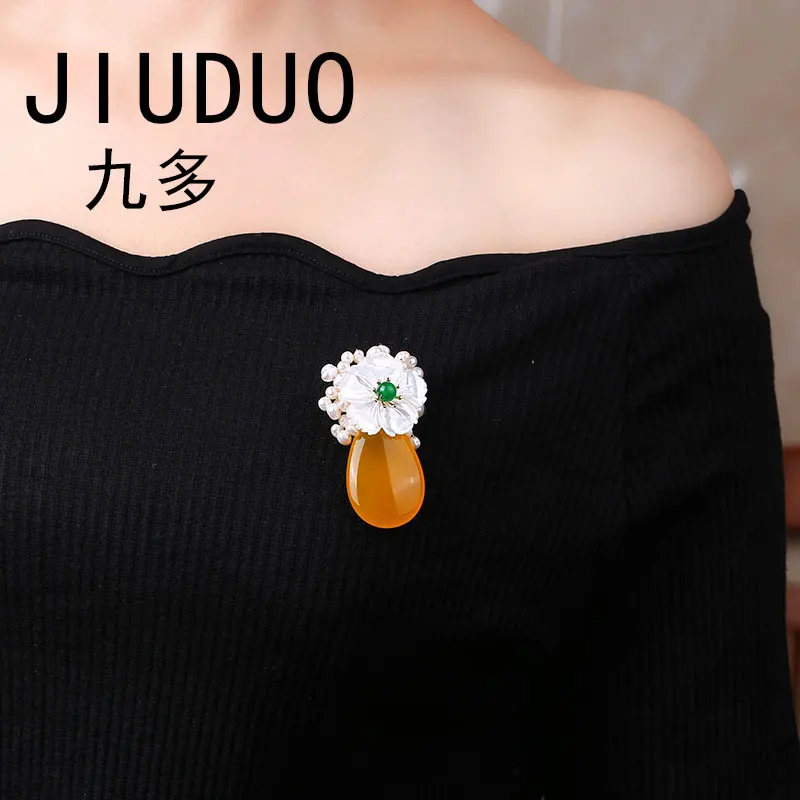 

JIUDUO Flower Ethnic Pin Natural Stone Pendant Pearl Brooch For Women