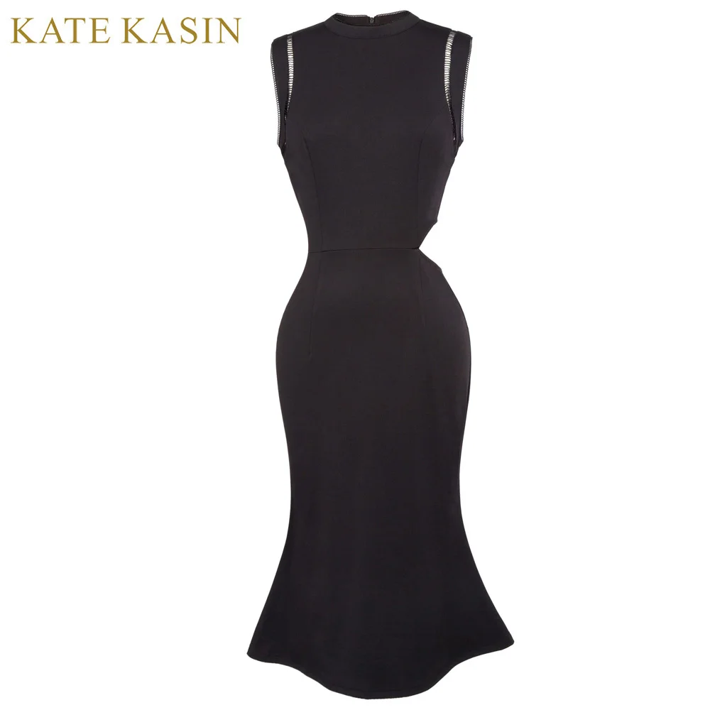 

Kate Kasin Women Elegant Mermaid Dress 2017 Summer Sexy Sleeveless Hollow Out Left Dresses Casual Party Mid-Calf Sheath Bodycon