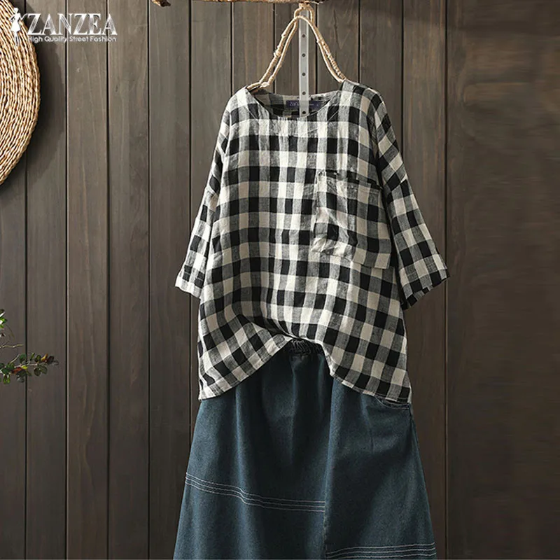 

Plus Size Check Tee Shirts Women's Summer Blouse 2019 ZANZEA Vintage Casual 3/4 Sleeve Work Blusas Female Plaid Tunic Tops