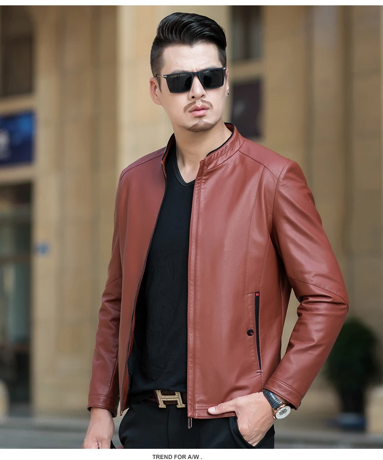 Men Casual Imitation Leather Jackets Stand Collar Zipper Outerwear Black Dark Green Orange Man Faux Leather Coat Motorcycle Bomber Jacket (10)