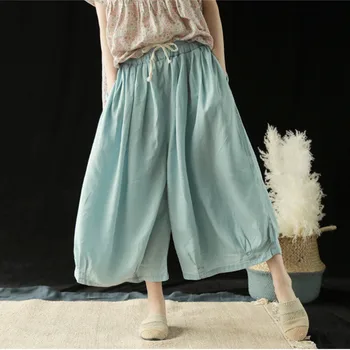 

Fashion 2019 Summer Solid Color Pockets Loose Pants Women Vintage Elastic Waist Cotton Linen Wide Leg Pants