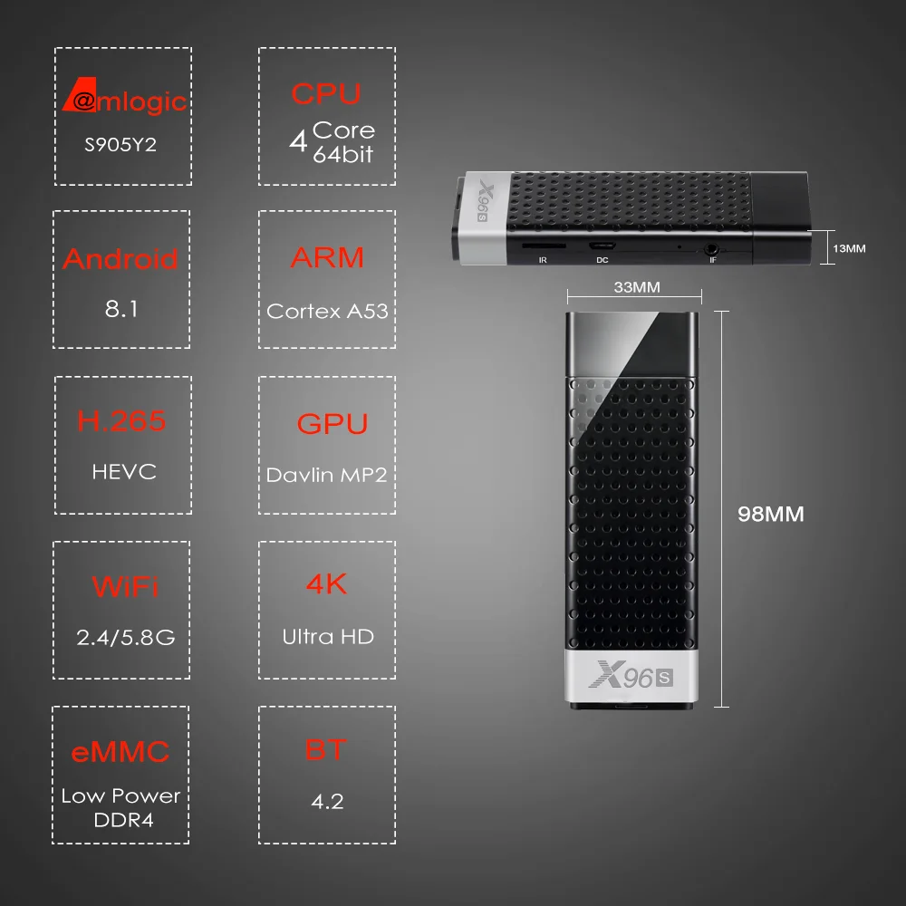 Mini PC X96S Android 8,1 TV Stick DDR4 4 GB RAM 32 GB ROM Amlogic S905Y2 2,4 y 5g dual WIFI BT4.2 H.265 4 K HD Smart TV caja de paquete de H96