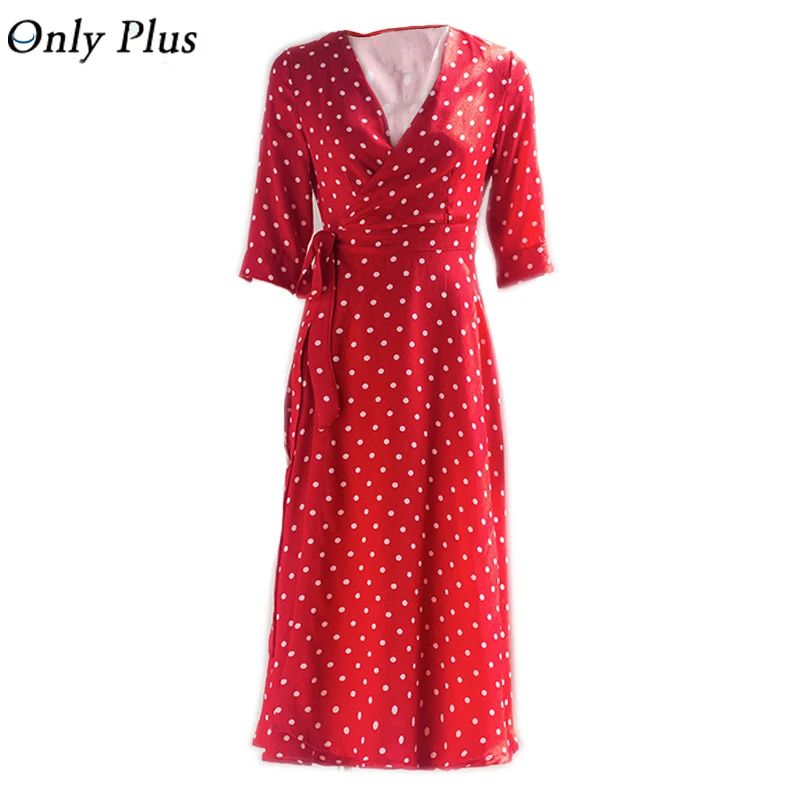 

ONLY PLUS Robe Long Red Polka dot Dress Casual Women Bandage Belted Wrap Dress Sexy V-Neck Autumn Long Party Yellow Dress