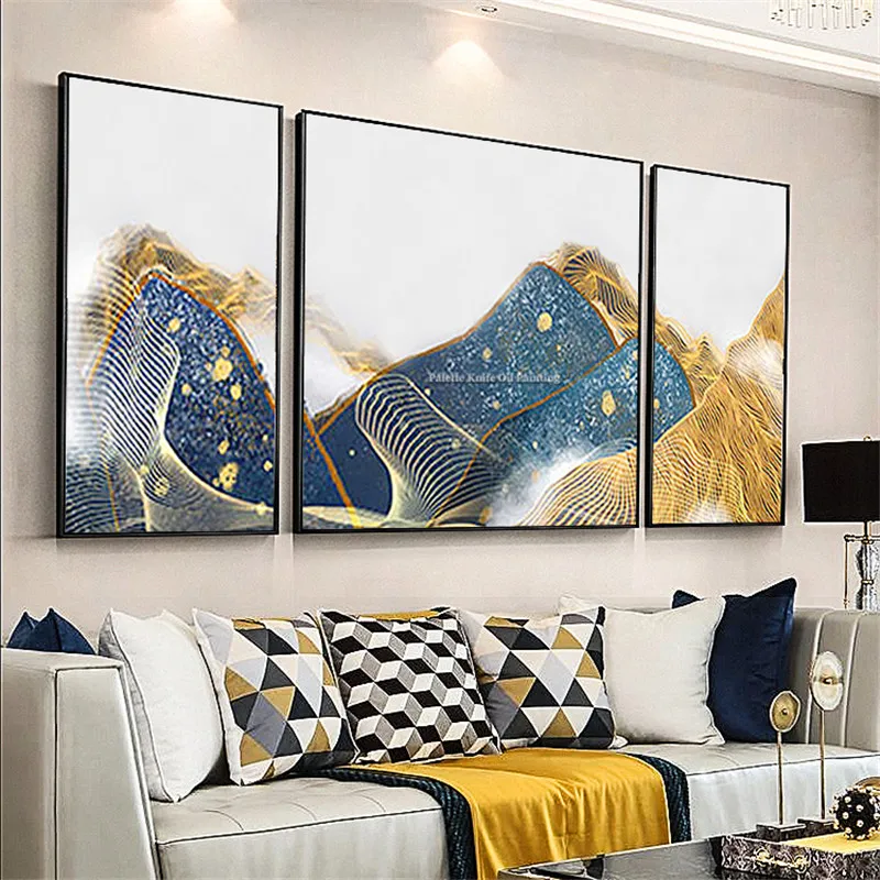 3 pieces abstract blue gold mountain painting on Canvas acrylic painting Wall art Pictures for living room quadros caudros decor