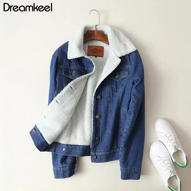 

2019 New Women lambswool jean Coat Spring Autumn Winter Long Sleeves Warm Jeans Coat With 4 Pockets Outwear Wide Denim Jacket Y