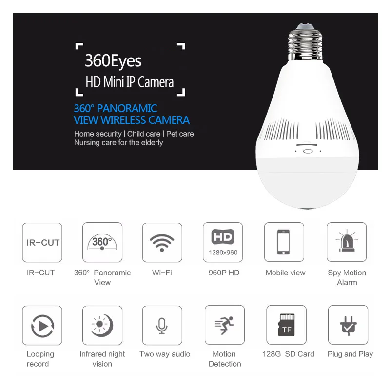 

3MP 1.3MP home Security Mini Lamp WIFI Camera 960P 3MP 360 Degrees Panoramic FishEyes P2P Bulb Light Wireless IP CCTV Camera