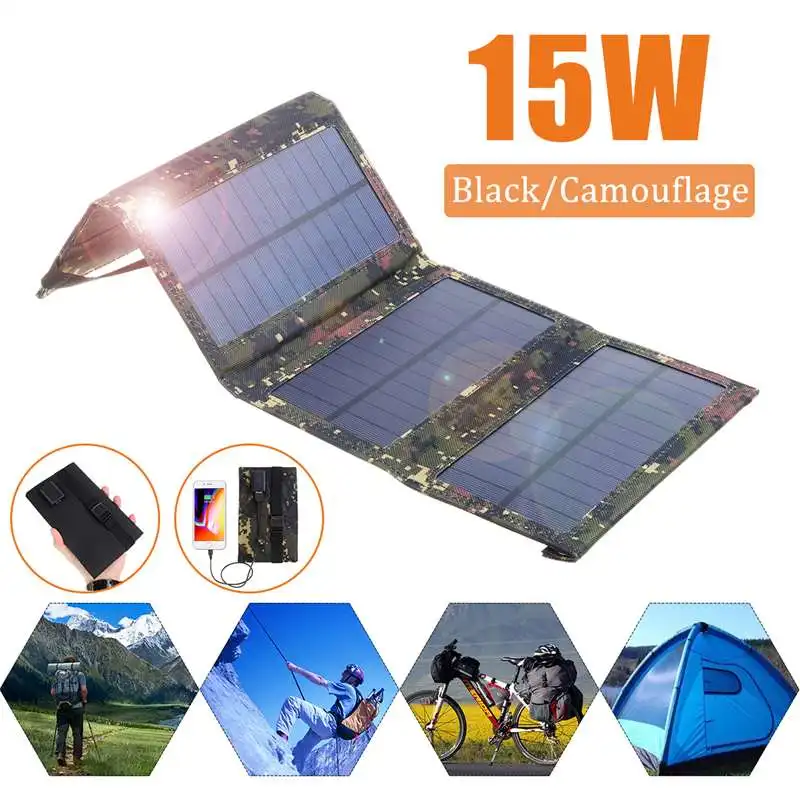 

15W Portable 5V Solar Panel Monocrystalline Folding Foldable Waterproof Charger Sun Power Bank for Phone Battery USB Port