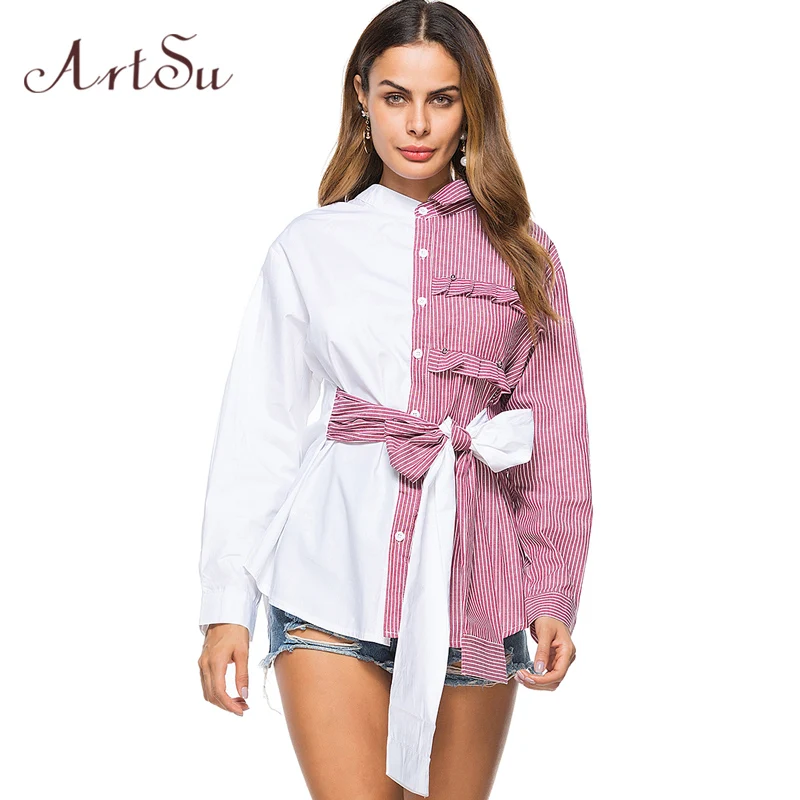 ArtSu otoño coreano de moda arco atado las mujeres blusa a rayas camisa de manga larga asimétrica Tops Blusas Ropa de Mujer ASBL30118 ArtSu otoño coreano de moda arco atado las mujeres blusa a rayas camisa de manga larga asimétrica Tops Blusas Ropa de Mujer ASBL30118