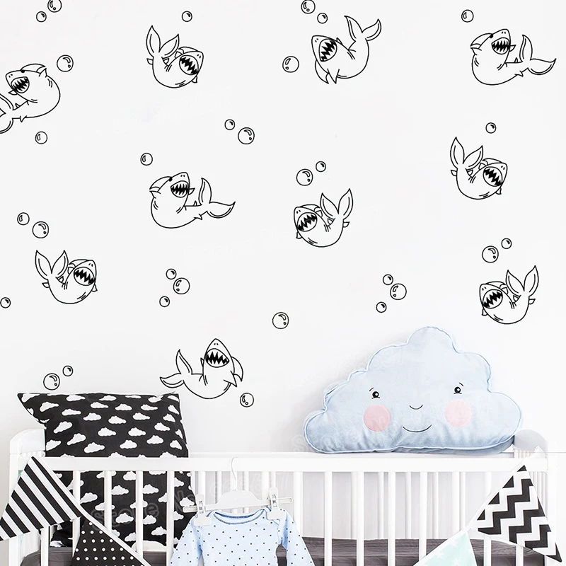 

Настенные Стикеры с акулами и пузырьками для детской комнаты, милый домашний декор, съемные однотонные настенные наклейки «сделай сам» для ванной комнаты, художественная роспись для спальни JW348