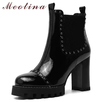 

Meotina Winter Ankle Boots Women Natural Genuine Leather Platform Thick Heels Short Boots Rivets Super High Heel Shoes Lady Fall