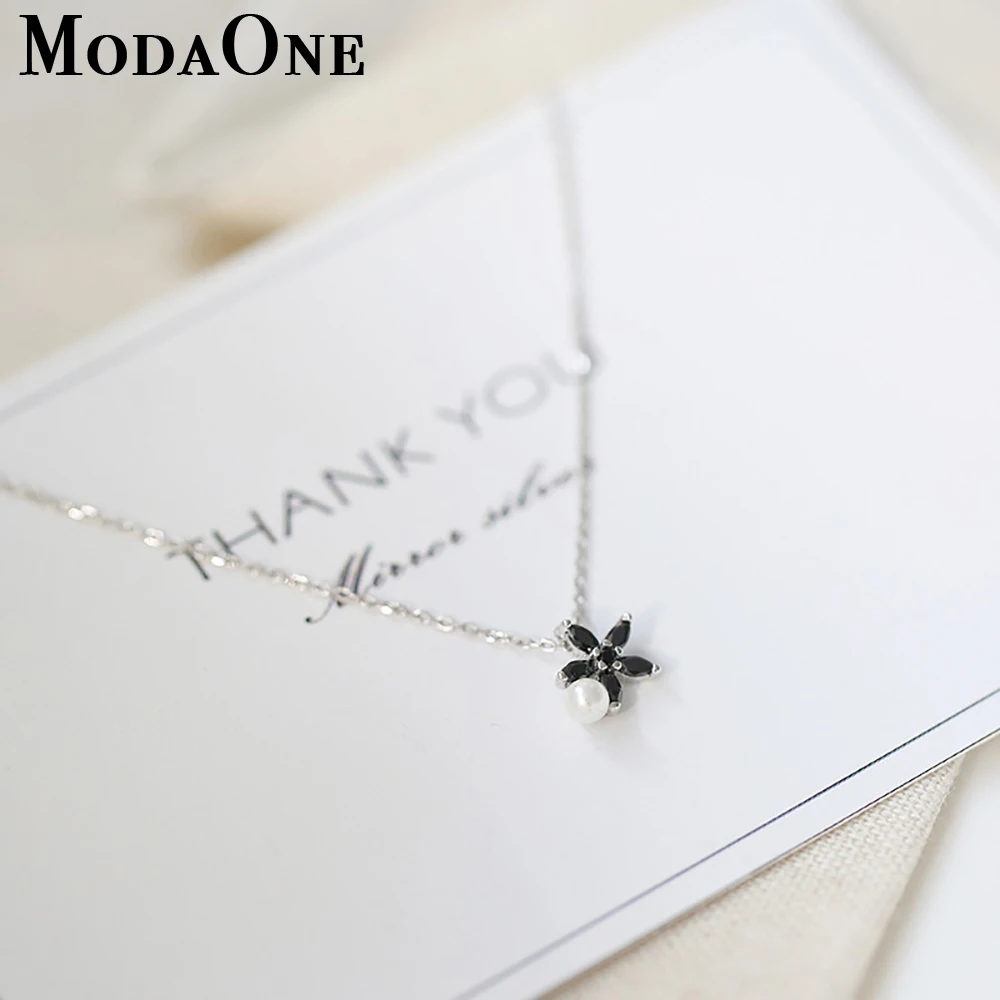 

ModaOne 925 Sterling Silver Black Flower Necklace For Women Cute Simulated Pearl Chain Womens Jewellery Choker Collar