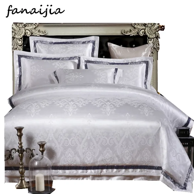 Luxury Silk Satin Bedding Sets 4pcs Duvets Cover Set White Bedsheet Luxury Silk Satin Bedding Sets 4pcs Duvets Cover Set White Bedsheet King Size Europe Wedding Cotton Bed Linen Best Gift