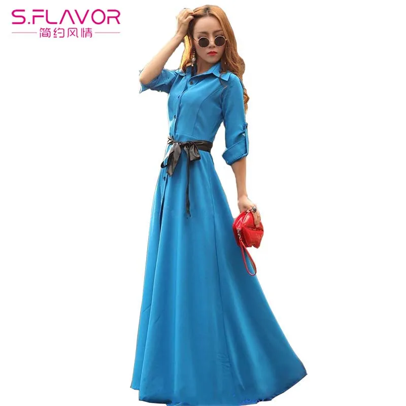 

S.FLAVOR New Spring Summer Bohemia Long Maxi Dress Women Casual Shirt Dress Floor Length Long Sleeve party Vestidos no belt