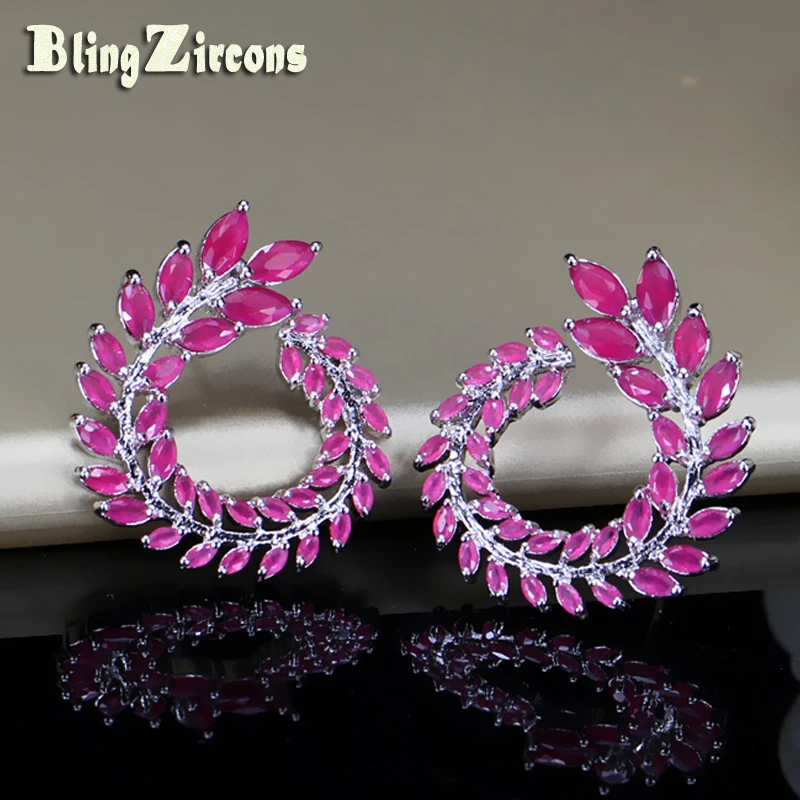 

BeaQueen Fashion Leaf Cluster Marquise Cut CZ Jewelry Rose Red Cubic Zirconia Big Circle Round Stud Earrings for Women E122