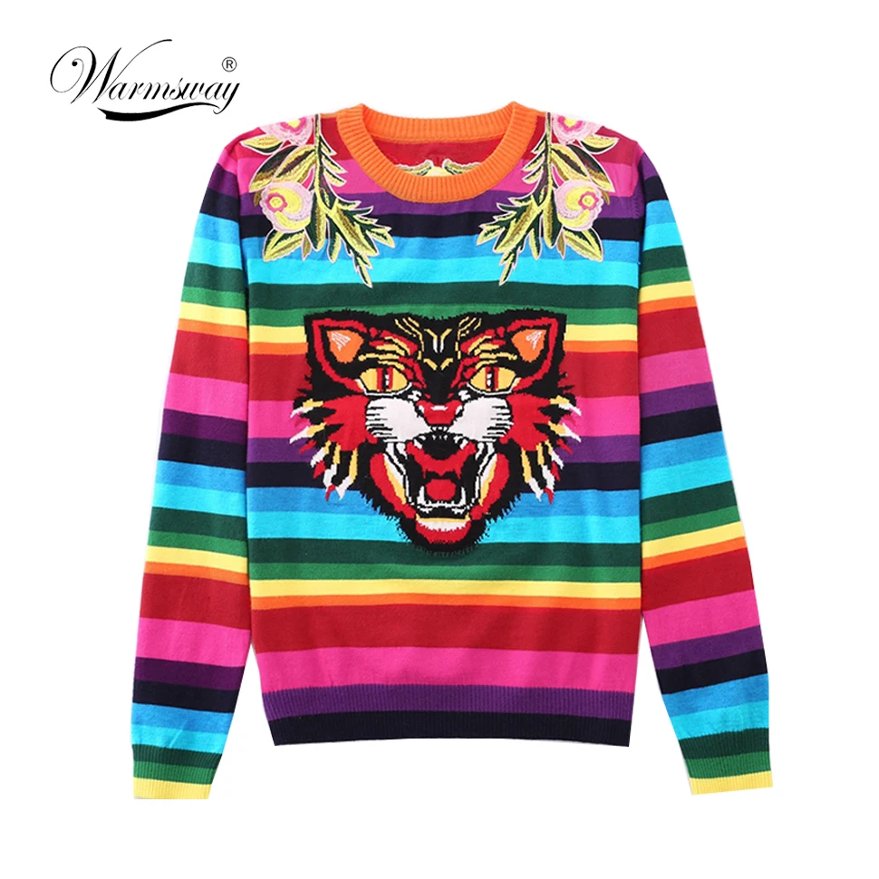 Brand Design Tiger Jacquard Rainbow color Striped Jumper Winter Spring Letter Embroidery Women Sweater Pullover Knit Top C-349 | Женская