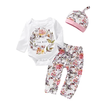 

Cotton Tops Romper Long Pants Hat Cotton Cute Outfits Clothes Newborn Kids Baby Girls Clothing Flower 0-24M