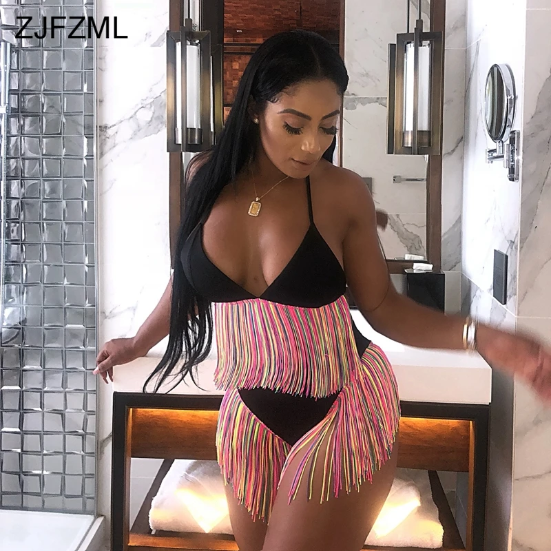 ZJFZML الملونة شرابات الصيف اثنين من قطعة مجموعة النساء الرسن V الرقبة عارية الذراعين المحاصيل الأعلى + الأرجواني عالية Wiast قصيرة مثير 2 قطعة وتت...